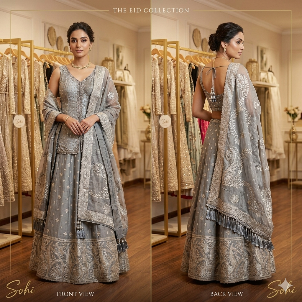 Silver Sage Embroidered Lehenga-Choli Set    3-Piece